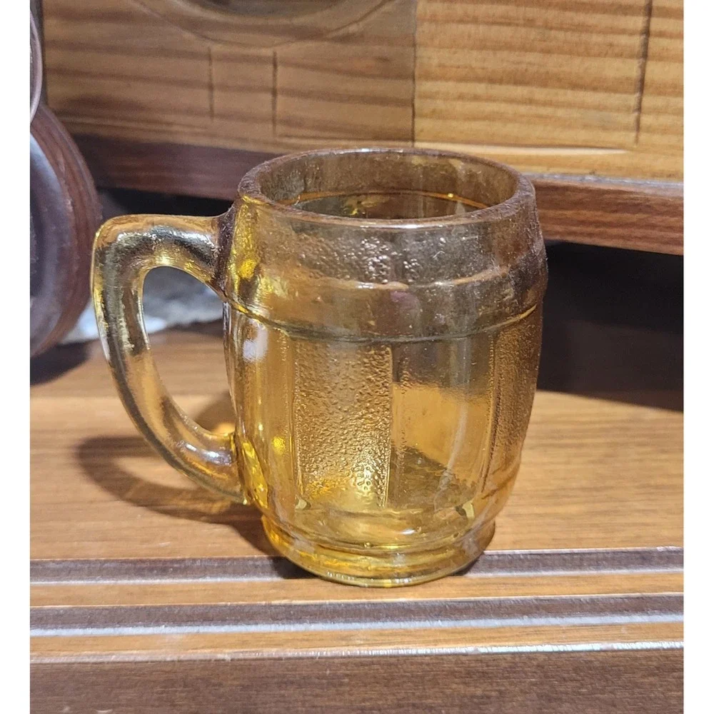 Vintage Amber Glass Barrel Miniature Mug Shot Glass Toothpick Holder Whiskey